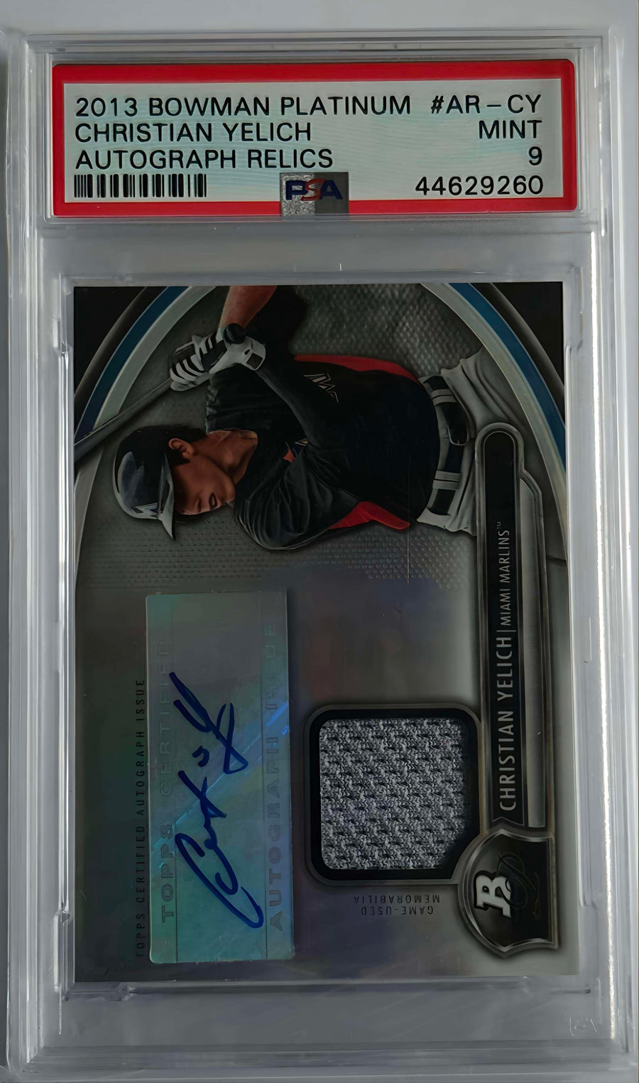 Christian Yelich AR-CY – RC Auto Relic – 2013 Bowman Platinum – PSA 9